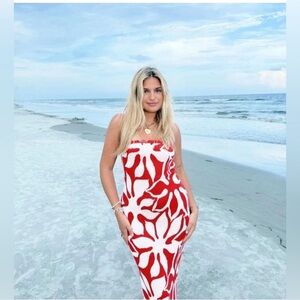 House of Harlow 1960 knit Red and White Maxi Dress tube top with slit bottom